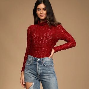 Free People Day and Night Wine Red Sheer Lace Long Sleeve Bodysuit